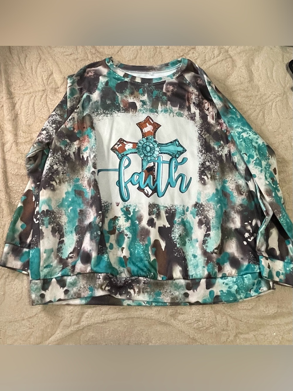 Faith Graphic Tie-Dye Pullover Sweatshirt - Teal & Brown